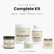 Earth Flower Life Flow Ritual Complete Kit with coffee scrub, luffa bar, tallow cream, smoothie greens, and Max Detox capsules