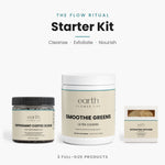 Earth Flower Life Flow Ritual Starter Kit with coffee scrub, luffa bar, and smoothie greens