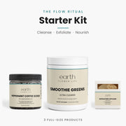 Earth Flower Life Flow Ritual Starter Kit with coffee scrub, luffa bar, and smoothie greens